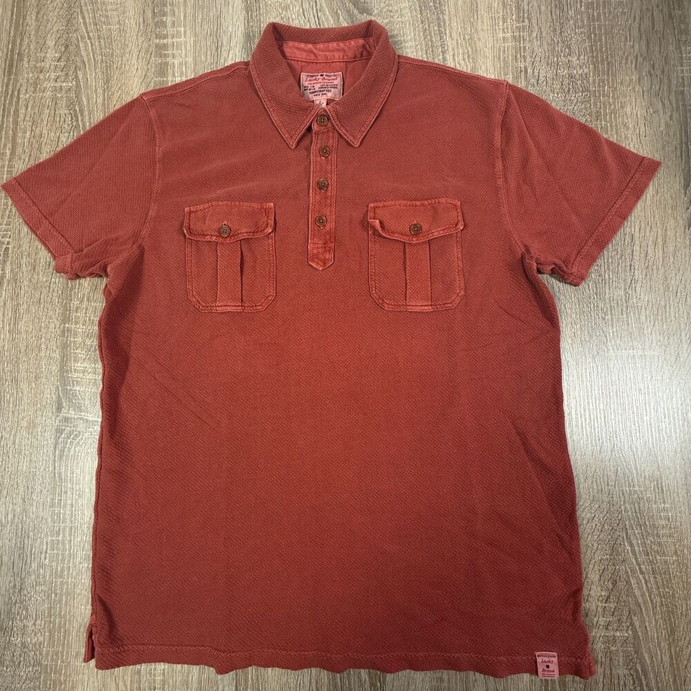 Lucky Brand Red Double Pocket Polo Shirt Men’s L Waffle Knit Casual VTG Style